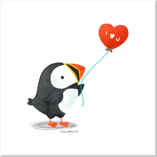 Puffin with a heart balloon Posters and Art